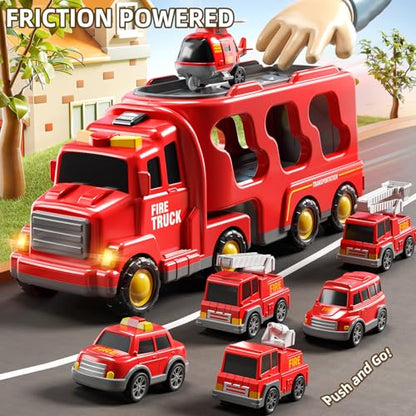 JUKUDAHU 7-in-1 Fire Trucks for Kids - Transport Truck for Boys | Sound and Light, Kids Toys for Ages 4-6, Birthday Gifts for Boys Girls Ages 5-7 4-8 Year Old - style: 7 IN 1 Fire Truck