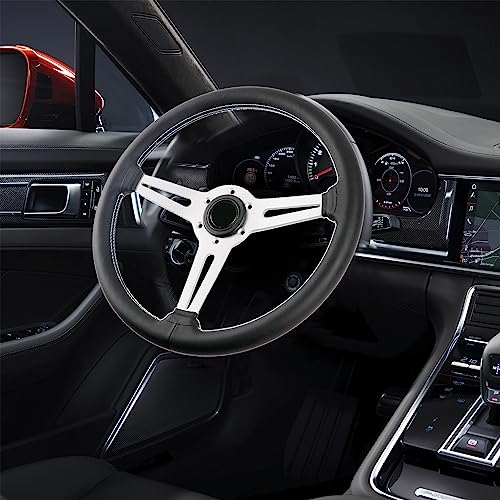 14 inch Genuine Leather 6 bolt Steering Wheel with Silver Spokes | Flat Drift Racing Steering Wheel White Stitching - color: 5126H-Silver