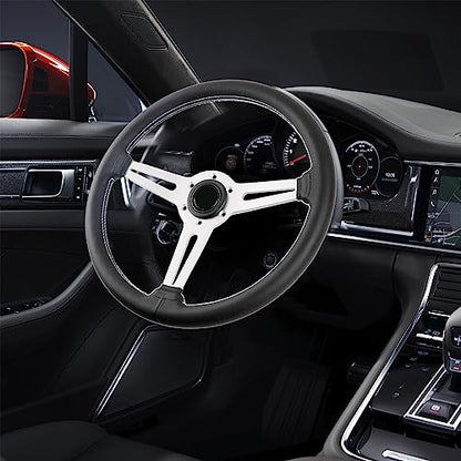 14 inch Genuine Leather 6 bolt Steering Wheel with Silver Spokes | Flat Drift Racing Steering Wheel White Stitching - color: 5126H-Silver