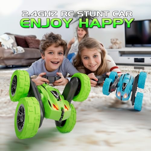 Remote Control Car, 4WD 2.4GHz Double-Sided RC Stunt Car, 360° Rotating Electric Rechargeable Toy Car with LED Lights, Gift for Boys Girls Ages 6+(Blue)