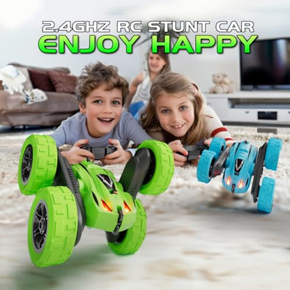 Remote Control Car, 4WD 2.4GHz Double-Sided RC Stunt Car, 360° Rotating Electric Rechargeable Toy Car with LED Lights, Gift for Boys Girls Ages 6+(Blue)