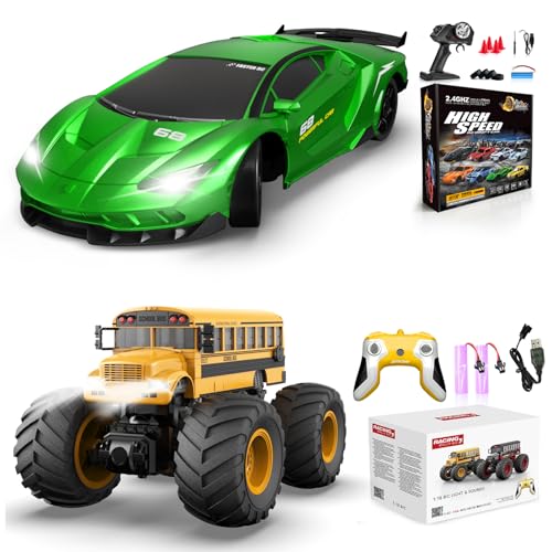 RC Drift Car Remote Control Cars 2.4GHz 1/24 4WD 15KM/H High Speed Racing Sport with LED Lights & 1/18 Remote Control School Bus Toy for Kids, 2.4GHz All Terrain RC Car