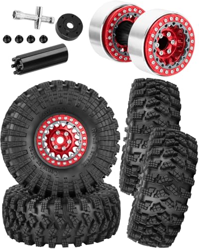RC 1.9" Beadlock Wheels and Tires for 1/10 RC Crawler SCX10 90046 AX103007 TRX4 TRX6 VS4-10 Red cat Gen8 7 MST CFX RC 4WD D90,Dually 1.9 Beadlock Wheels Aluminum Rims Rubber Tires,Red - color: Red(4pcs)