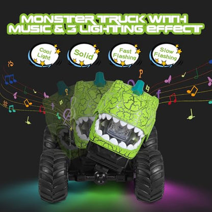 DYODYORC Remote Control Car, 2.4Ghz All Terrain Dinosaur Monster Truck Toys, RC Truck with Spay, Music, 3 Lighting Effects, Stunt Capable, Toy Gifts for Boys and Girls (Green Purple) - color: Green Purple