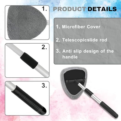 Windshield Cleaning Tool, Car Window Cleaner with Extendable Handle, 4 Microfiber Pads and Spray Bottle, Auto Interior Exterior Glass Wiper Cleaning Kit Universal for RV, SUV, Truck (Gray) - color: Gray