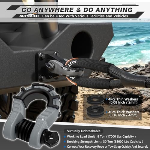 AUTMATCH D Ring Shackles 3/4" Mega Shackle (2 Pack) 68,000Ibs Break Strength - Heavy Duty Clevis Shackles with 7/8" Screw Pin and Isolator Washer for Tow Strap Winch Off Road Vehicle Recovery, Gray - color: Gray & Black