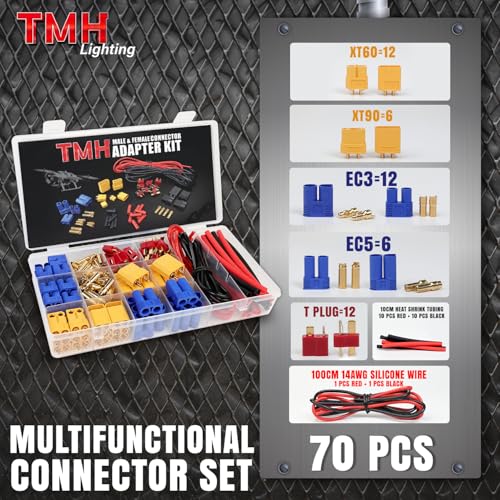 TMH 70 Pcs T-Plug / EC3 / EC5 / XT60 / XT90 Male and Female Adapter Connector Plug with Silicone Wire + Heat Shrink Tube for RC ESC Lipo Battery Motor (70 PCS) - size: 70 Pcs