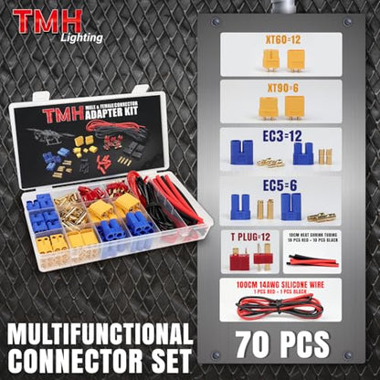 TMH 70 Pcs T-Plug / EC3 / EC5 / XT60 / XT90 Male and Female Adapter Connector Plug with Silicone Wire + Heat Shrink Tube for RC ESC Lipo Battery Motor (70 PCS) - size: 70 Pcs