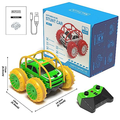 MaxTronic Amphibious Remote Control Car,Rechargeable RC Cars Toy 360° Flips Rotation Stunt Crawler 15KM/H 4WD All Terrain Outdoor Indoor Toy for Kids Boys Girls 3-12 - color: Green