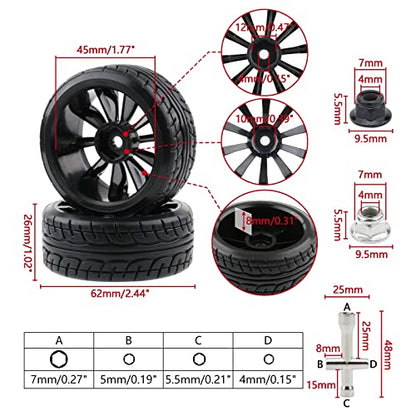 4pcs 1/10 RC Drift Wheels 12mm Hex | For HSP Redcat HPI Tamiya 3RACING Kyosho Traxxas Wltoys MST Exceed RC, Includes Tires, With 8pcs Flange Lock Nuts - color: Black