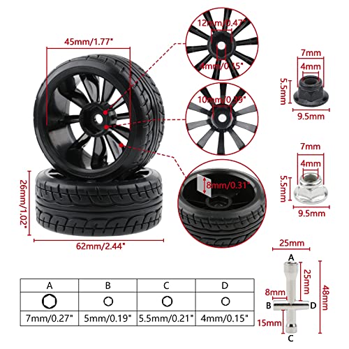 4pcs 1/10 RC Drift Wheels 12mm Hex | For HSP Redcat HPI Tamiya 3RACING Kyosho Traxxas Wltoys MST Exceed RC, Includes Tires, With 8pcs Flange Lock Nuts - color: Black