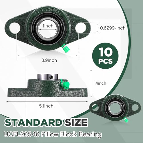 Threlaco 10 Pack Ucfl205-16 Pillow Block Bearing 1 in Bore Shaft Flange Mount Ball Bearing Unit 2-Bolt, Self Aligning Cast Iron Housing, Set Screw Locking Style Flange Pillow Block - style: UCFL205-16