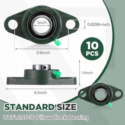 Threlaco 10 Pack Ucfl205-16 Pillow Block Bearing 1 in Bore Shaft Flange Mount Ball Bearing Unit 2-Bolt, Self Aligning Cast Iron Housing, Set Screw Locking Style Flange Pillow Block - style: UCFL205-16
