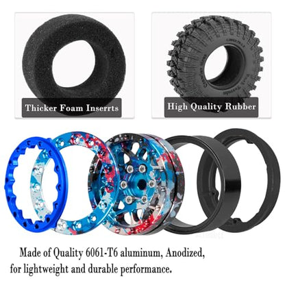 RC 1.3" Beadlock Wheel Tires Set/RC Wheels and Rim for 1/18 1/24 Trx4m SCX24 FCX24 RC Crawler Car,Aluminum 1.3 Wheel Rim Soft Rubber Tires w/Wheels Ring,Colorful - color: Colorful- (Wheel Tires)