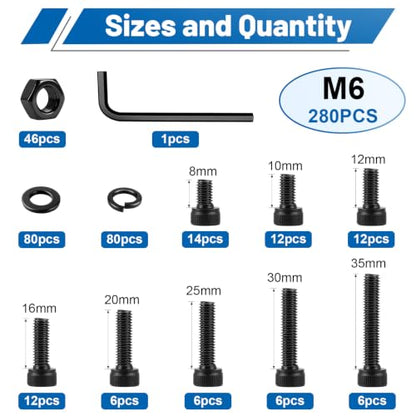 280PCS M6 Hex Socket Head Cap Screw Kit 12.9 Alloy Steel for DIY 3D RC | Black Zinc Plated Bolts and Nuts, Flat & Spring Washers, M6-1.0 x 8-35mm Machine Metric Fastener Set, High Tensile Strength - size: G12.9 M6 280PCS