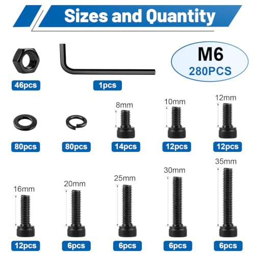 280PCS M6 Hex Socket Head Cap Screw Kit 12.9 Alloy Steel for DIY 3D RC | Black Zinc Plated Bolts and Nuts, Flat & Spring Washers, M6-1.0 x 8-35mm Machine Metric Fastener Set, High Tensile Strength - size: G12.9 M6 280PCS