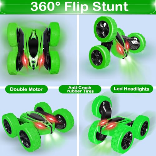 FREE TO FLY Remote Control Car for Boys 8-12: 2.4Ghz Electric Rechargeable Race Stunt Cars Double Sided 360 Rolling Rotating Rotation with Led Headlights - color: Green