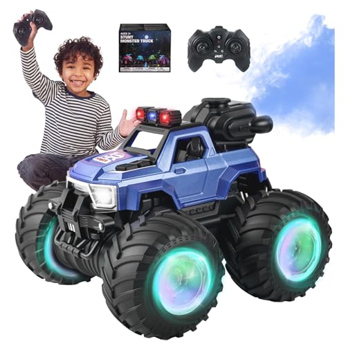 BEZGAR Remote Control Mosnter Truck, RC Cars with Mist Spray, Two Batteries | RC Truck with Music & LED Light, 360° Stunt Spins Monster Truck Toys for Boys 4-7, 40+ Mins Battery Life