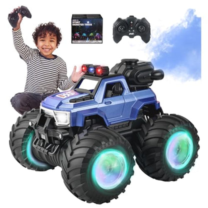 BEZGAR Remote Control Mosnter Truck, RC Cars with Mist Spray, Two Batteries | RC Truck with Music & LED Light, 360° Stunt Spins Monster Truck Toys for Boys 4-7, 40+ Mins Battery Life