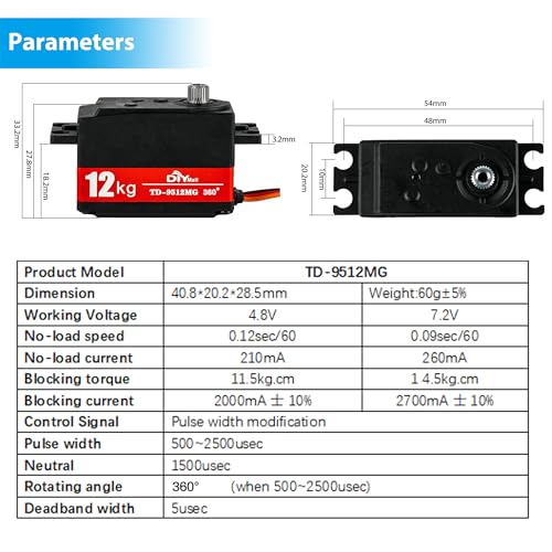 TD-9512 12kg Low Profile Waterproof Servo 360 Degree High Continuous Rotation Servo High Performance Metal Gear for 1/10 Scale RC Drift Cars Robots Planes - size: Semi-metal 360°