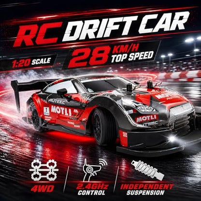 HTURCCOP 1:20 RC Drift Car 2.4GHz 4WD High Speed Drift Remote Control Cars Vehicle with LED Lights and Drifting Tires Batteries x2 Racing Sport Toy Cars for Adults Boys Girls Kids (Red) - color: Red