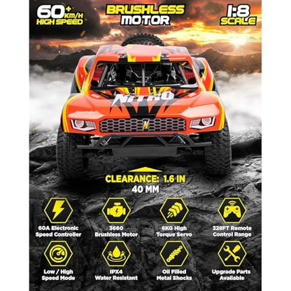 1/8 Scale Brushless RC Cars for Adults，Max 40mph Electric Off-Road Monster Truck,Waterproof High Speed RC Car 4WD Remote Control Car with 3S Lipo 30+ Min Play, All Terrain