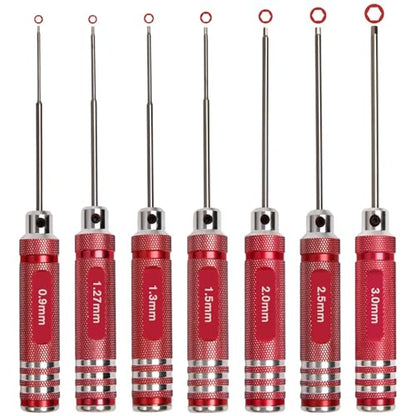 Hex Screw Driver Set 7 PCS RC Tool Kits 0.9, 1.27, 1.3, 1.5, 2.0, 2.5, 3.0mm Metric Hex Driver Set Micro Hexagon Allen Wrench Screwdriver Kit for RC Car Drone Multi-Axis Helicopter Models