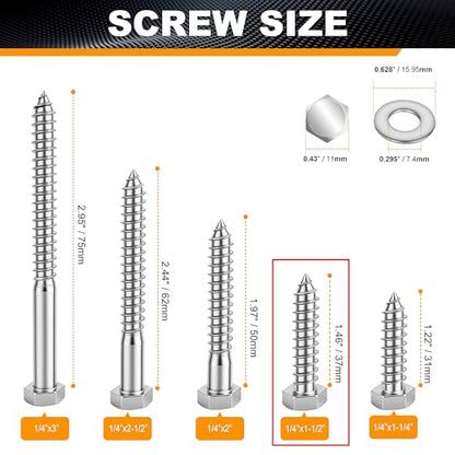 25 Pcs 1/4" x 1-1/2" Hex Head Lag Screws for Wood, Hex Head Lag Bolts,304 Stainless Steel 18-8 Heavy Duty Wood Screw with Flat Washers (25, 1/4" x 1-1/2") - size: 1/4" x 1-1/2"