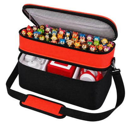 Bevegekos 2-Layer Carrying Case for Toniebox Gen 1 & 2, Holds 25+ Figures | Top tray + deep bottom fit audio box, charging station & headphones; water-resistant 600D shell with EPE foam padding inside - color: Black/Orange