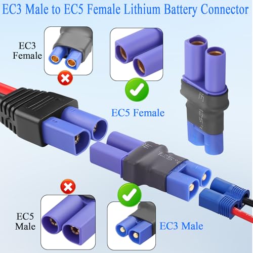QIANRENON EC3 to EC5 RC Battery ESC Adapter 25A EC3 Male to EC5 Female Lithium Battery Connector Gold Plated EC3 Plug to EC5 Socket Converter, for Model Airplane Lipo Battery Drone, 2Pcs