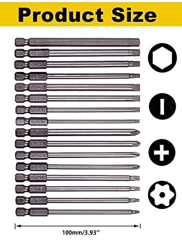 Rocaris 16 Pack 1/4 Inch Hex Shank Long Magnetic Screwdriver Bits Set 4 in Power Tools(Slotted+Cross+Hex+Plum blossom) - size: 16Pcs(Slotted+Cross+Hex+Plum Blossom)