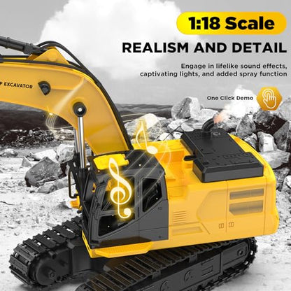 1:18 Metal RC Excavator Toy for Kids | 11-Channel Remote Control Construction Vehicle with Water Spray, Lights & Sounds, Dual 100-Min Batteries, 2026 New STEM Engineering Toy for Boys Ages 6-12 - style: Excavator[2026 Upgrade]
