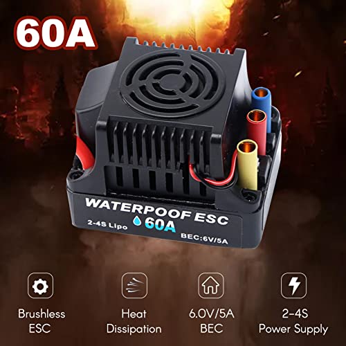 GoolRC 60A Brushless ESC 2-4S Waterproof Electric Speed Controller with 6V 5A BEC T Plug for 1/8 1/10 RC Car