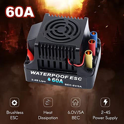GoolRC 60A Brushless ESC 2-4S Waterproof Electric Speed Controller with 6V 5A BEC T Plug for 1/8 1/10 RC Car