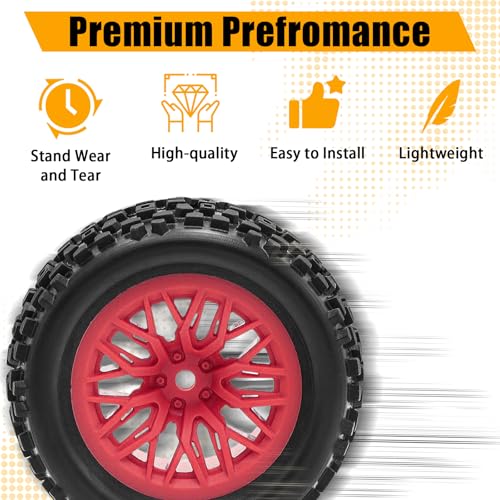 Pre-Glued 1/16 & 1/18 RC Monster Truck Tires, Soft Rubber Tire and Nylon Wheels Rims with 12mm hex Compatible with ARRMA 1/18 Granite/Typhon Grom, WLtoys A949, MJX Hyper Go H16 RC Buggy, 4PCS (Red) - color: Red