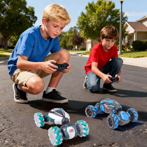 PREPOP Gesture Sensing RC Stunt Car, Birthday for Age 6 7 8-12 13+ Year Old Boys - Cool Toys for Kids, Hand Controlled Remote Control Twist Vehicle with Lights & Music, 4WD Rotating - color: White Grey Blue