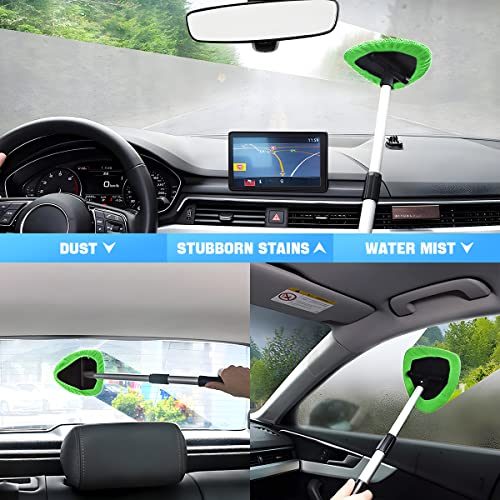 Windshield Cleaning Tool, Car Window Cleaner with Extendable Long Handle and 4 Washable Reusable Microfiber Pads, Auto Interior Exterior Glass Wiper Cleaning Kit Universal for Office and Home (Green) - color: Green