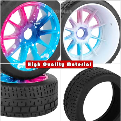 RC Highway Tires Wheel for 1/8 Typhon 6s BLX,1/7 Infraction 6S BLX/Limitless,RC Drift Off Road Buggy Rally Truck Wheels and Tires,4PCS RC High Speed Wheel Highway Rubber Tires,Blue Pink - color: Blue Pink - (4pcs High Speed Wheel)