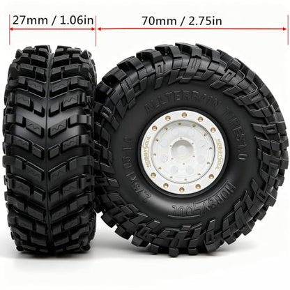 HOBBYSOUL 70mm Tall 1.0 beadlock wheels and tires set - Brass Adjustable Offset 1.0 wheel Rims white & Soft Sticky 1.0'' tire For RC Crawler 1/18 TRX4M 1/24 SCX24 - color: White