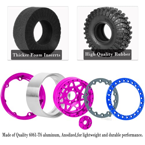 RC 1.9" Beadlock Wheel Tires Set 1.9 Beadlock Wheels and Tires for 1/10 SCX10 90046 AXI03007 TRX4 TRX6 VS4-10 Gen7 Gen8 MST CFX D90 RC Crawler Car,Aluminium 1.9 Rims w/Wheels Ring,Pink - color: Pink- (Wheel Tires)
