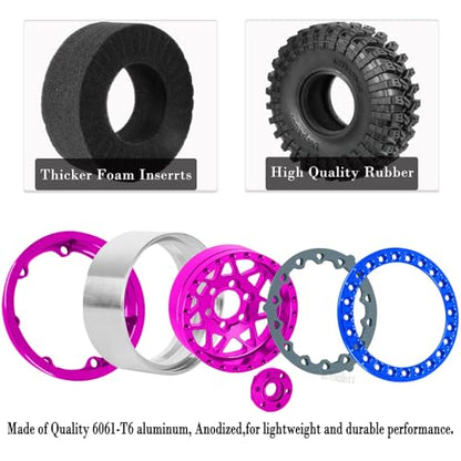 RC 1.9" Beadlock Wheel Tires Set 1.9 Beadlock Wheels and Tires for 1/10 SCX10 90046 AXI03007 TRX4 TRX6 VS4-10 Gen7 Gen8 MST CFX D90 RC Crawler Car,Aluminium 1.9 Rims w/Wheels Ring,Pink - color: Pink- (Wheel Tires)