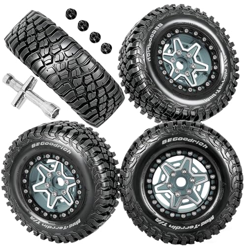 RC 1.9" Beadlock Wheels and Tires Set for 1/12 M-J-X H12Y H12Y+ H12P MN-128 RC Crawler,Wheels Tire OD 90MM/3.54",Aluminium Wheel Rims (4PCS),1.9" Beadlock Wheel Tires,Titanium - color: Titanium- (Wheel Tires)
