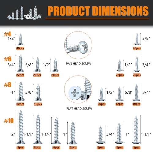 Dianrui 288 PCS Wood Screws Assortment Kit, Assorted Sheet Metal Screws #4/#6/#8/#10, ‌Phillips Drive Pan & Flat Head Screw Set Marine Grade Length 3/8" to 2" - size: 288PCS-SV