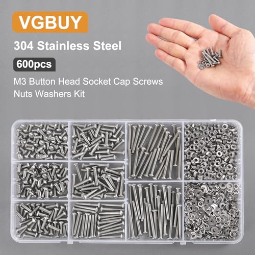 VGBUY 600pcs M3 Screw Assortment Kit, M3 Screws (8 Sizes 6-30mm) for 3D Printer DIY, Hex Button Head Cap Screws Bolts Nuts Washer Kit, 304 Stainless Steel, 6/8/10/12/16/20/25/30mm - size: M3x6/8/10/12/16/20/25/30mm, style: Button Head