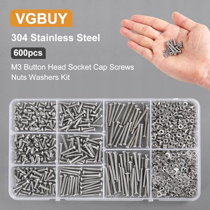 VGBUY 600pcs M3 Screw Assortment Kit, M3 Screws (8 Sizes 6-30mm) for 3D Printer DIY, Hex Button Head Cap Screws Bolts Nuts Washer Kit, 304 Stainless Steel, 6/8/10/12/16/20/25/30mm - size: M3x6/8/10/12/16/20/25/30mm, style: Button Head