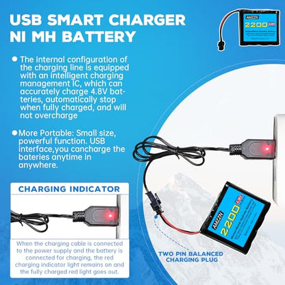2PCS 4.8V 2200mAh AA NiMH Battery SM-2P Plug with USB Charger Remote Control Toy Car Battery for SY-E511 RC Excavator, E562 TD141 RC Car,Truck,and Off-Road Vehicle Batteries