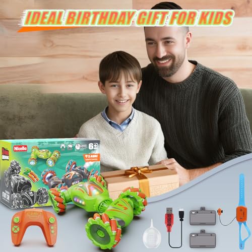 Nicella Remote Control Car, RC Cars for Boys, Gesture Stunt with Light & Music, 4WD, 360° Rotating, 2.4Ghz Remote Control Car Toys, Birthday Gift for Kids Age 6+ (Green) - color: Green