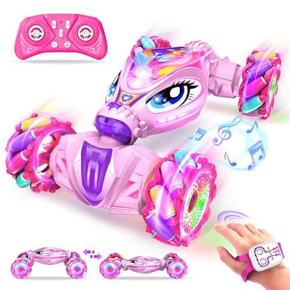 Unicorn Remote Control Car for Girls Age 6-8-12, Pink RC Gesture Sensing Stunt Cars, 2.4Ghz 4WD RC Cars Hand Controlled Remote Control Twist Car with Light & Music, Gift for Kids Age 6 7 8 9 10 11 12+