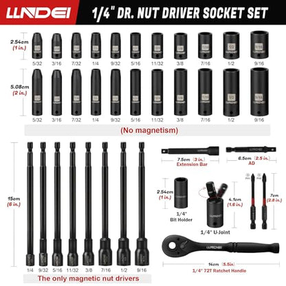 1/4" Drive Socket Set & Nut Driver Set with Ratchet 38Pcs SAE 5/32" | 1/4" Sockets Deep&Shallow SAE 5/32" to 9/16" with Ratchet, Hex Shank 6" Long Nut Drivers(1/4"-9/16") for Drill Bits(PH1 PH2) - size: 38PCS SAE