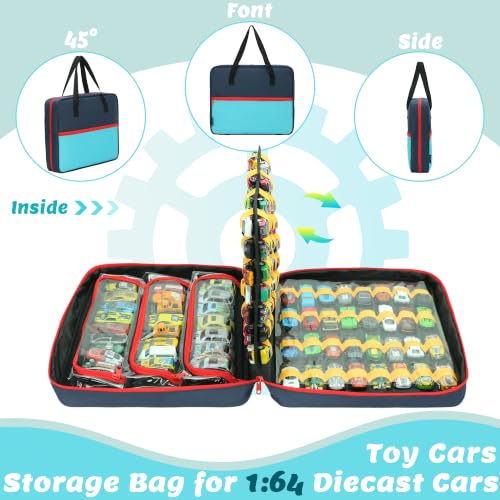 120 Toy Car Storage Case for 1:64 Die-Cast Cars (Blue) | Fits 1:64 diecast cars. Cars not included. Portable case for collectors and kids.